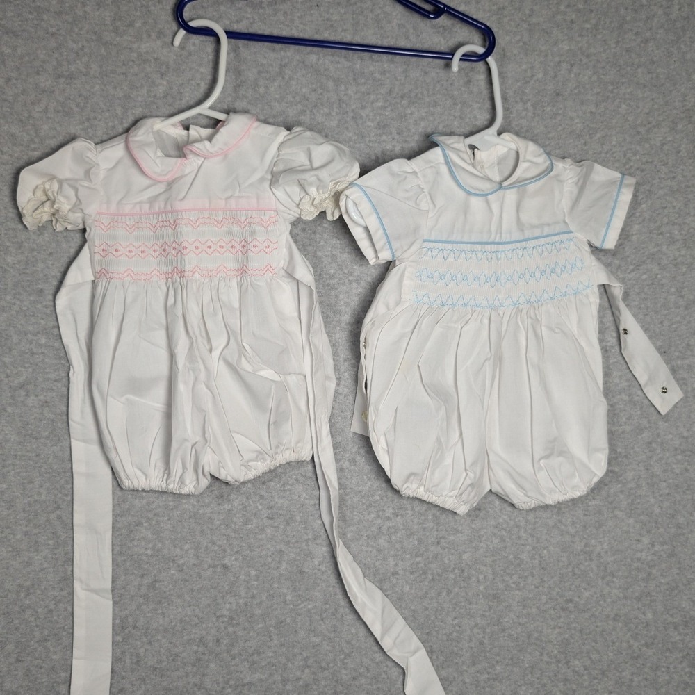 Unbranded Smocked Romper Set Baby Twin Baptism Outfit Peter Pan Collar Boy Girl